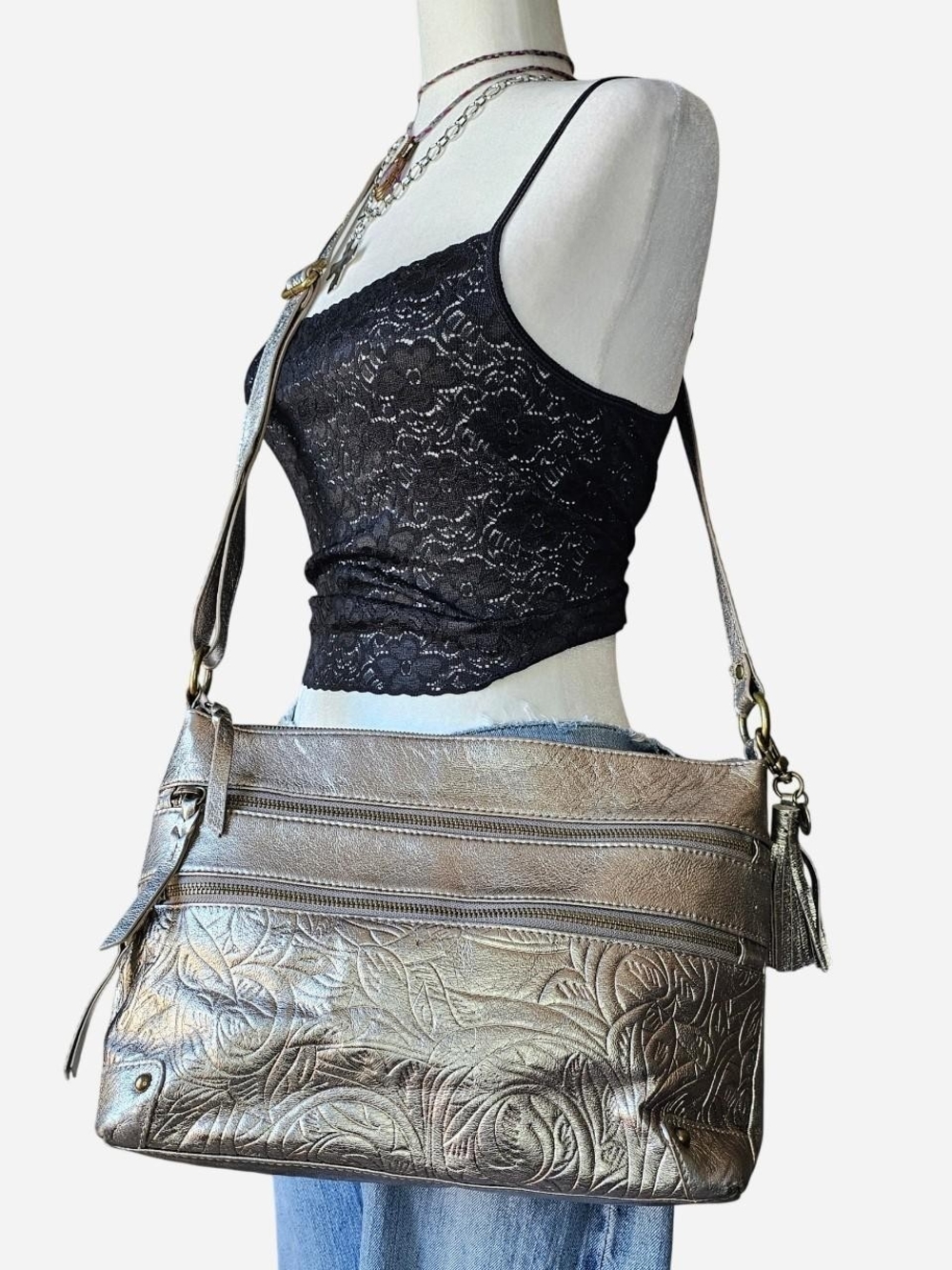 The Sak Reseda Metallic Leaf Embossed Leather Crossbody Bag Purse Boho Y2K